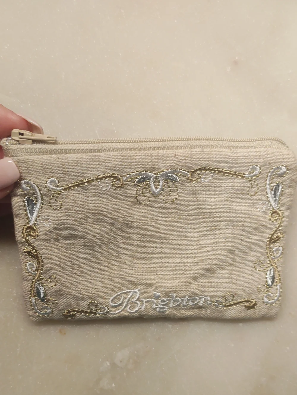 NEW! Brighton Small Zipper Pouch Travel Beige With Scrolls Embroidery